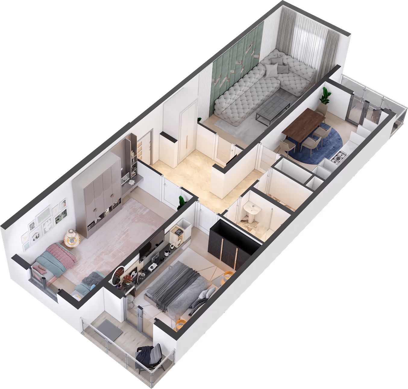 Трёхкомнатная квартира 82,9 м² в объёме: кухня-гостиная, две спальни, санузлы